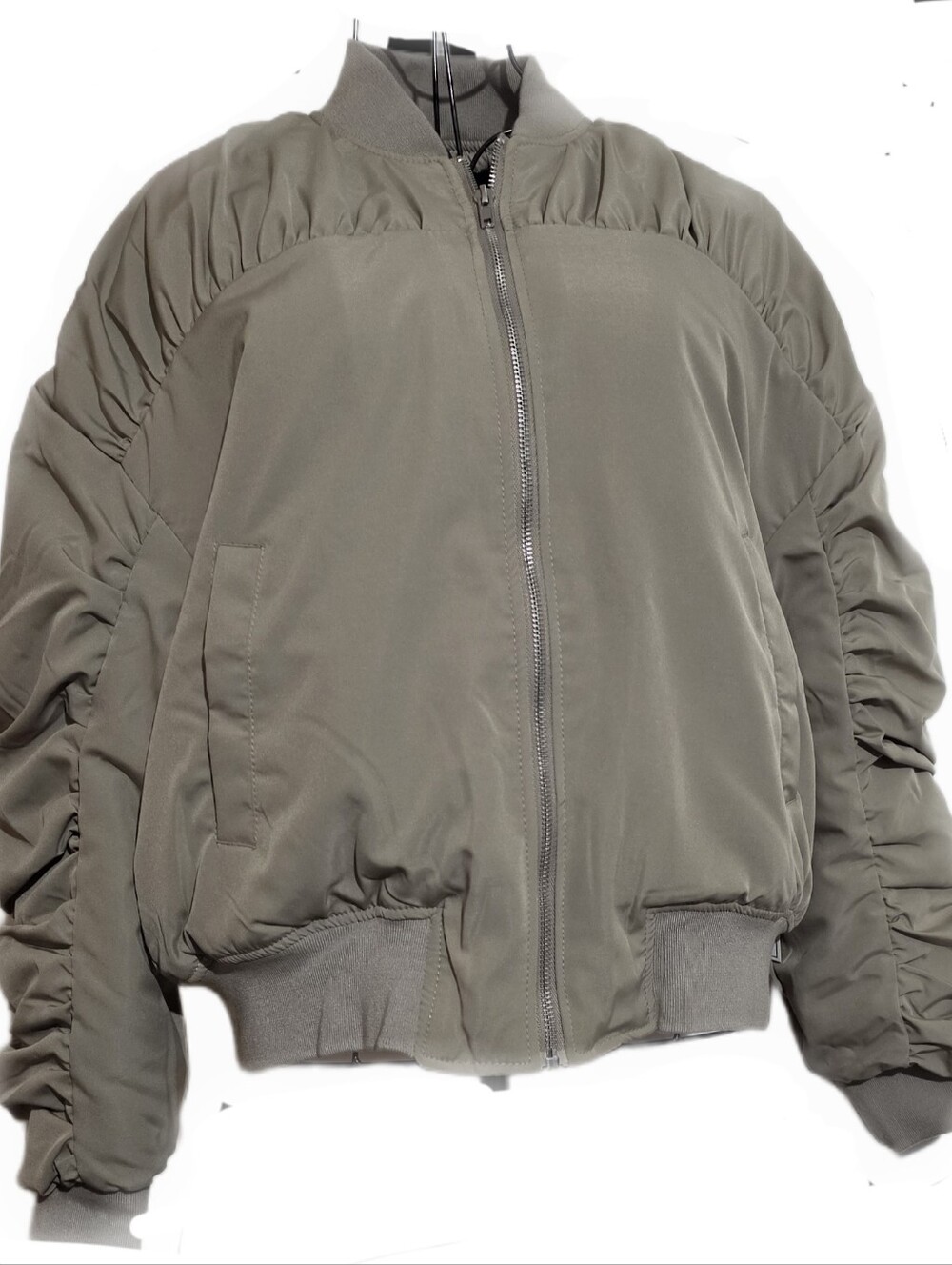 Forever 21 Olive Green Ruched-Sleeve Bomber Jacket